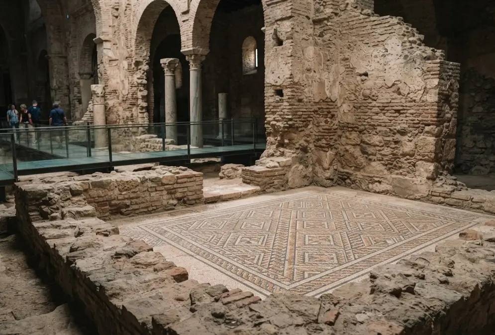 Visigothic basilica of San Vicente remains in the basement of the Mezquita-Catedral, Córdoba, with floor mosaics and brick masonry