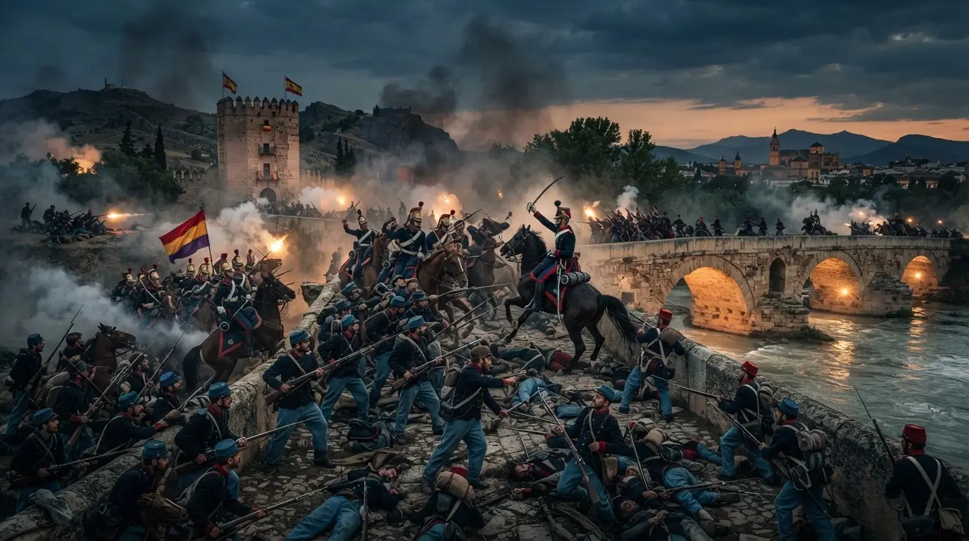 19th-century oil-painting-style illustration of the Battle of Alcolea Bridge near Córdoba, revolutionary infantry and royalist cavalry clashing across the Guadalquivir at dusk, smoke and artillery flashes over a stone arched bridge