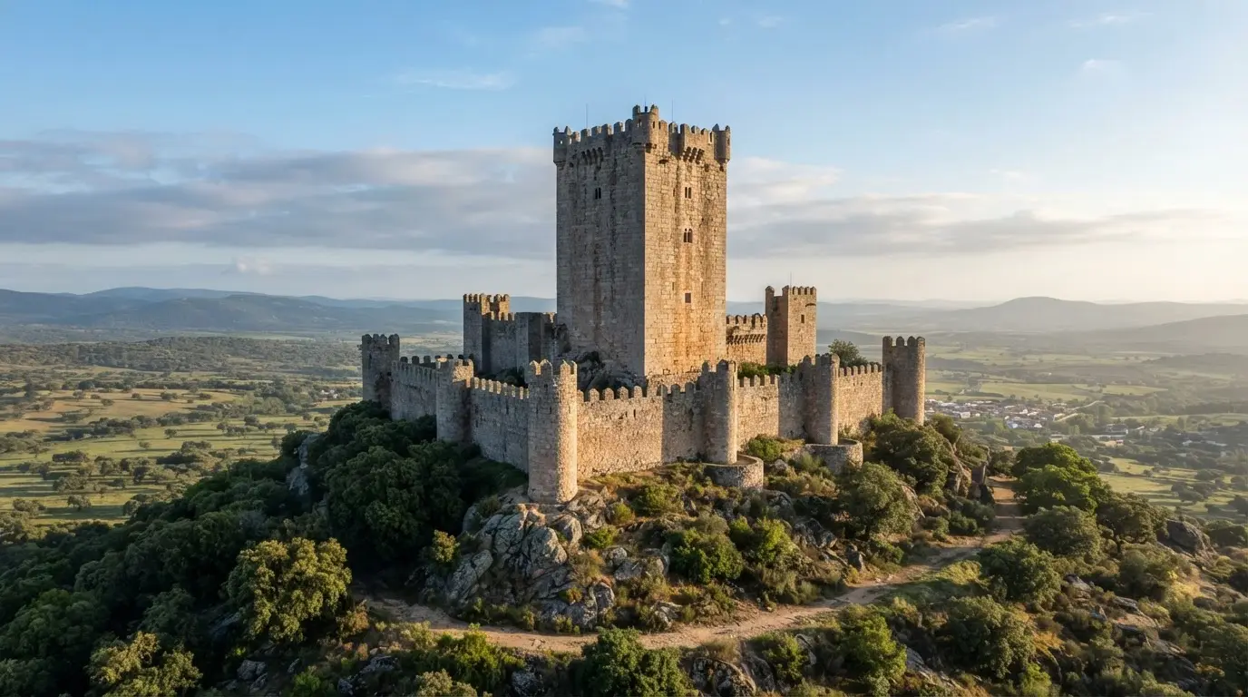 Belalcázar Castle's granite torre del homenaje, the tallest castle keep in Spain by official listing, rising above the fortress walls in soft morning light