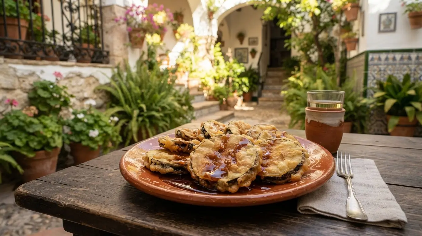 Berenjenas con miel origin: golden fried aubergine rounds with dark miel de caña on a terracotta plate in an Andalusian courtyard, the cane syrup pooling at the base of crisp battered slices, warm natural light catching the glaze