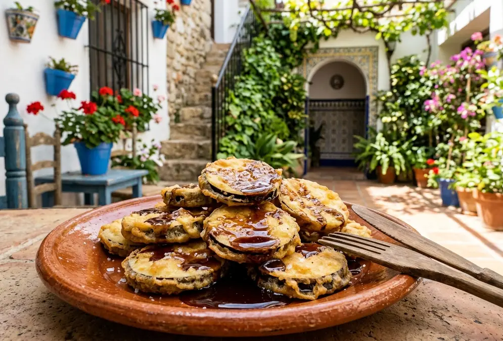 Berenjenas con miel origin: golden fried aubergine rounds with dark miel de caña on a terracotta plate in an Andalusian courtyard, the cane syrup pooling at the base of crisp battered slices, warm natural light catching the glaze