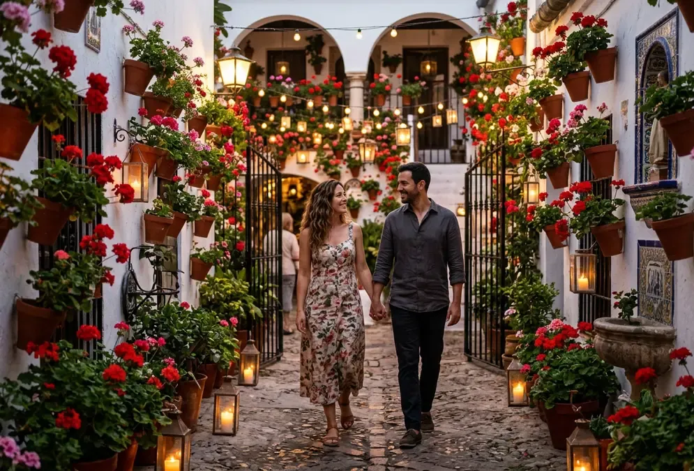 Best activities for couples in Córdoba — couple walking through a candlelit patio at dusk, whitewashed walls covered in red geraniums