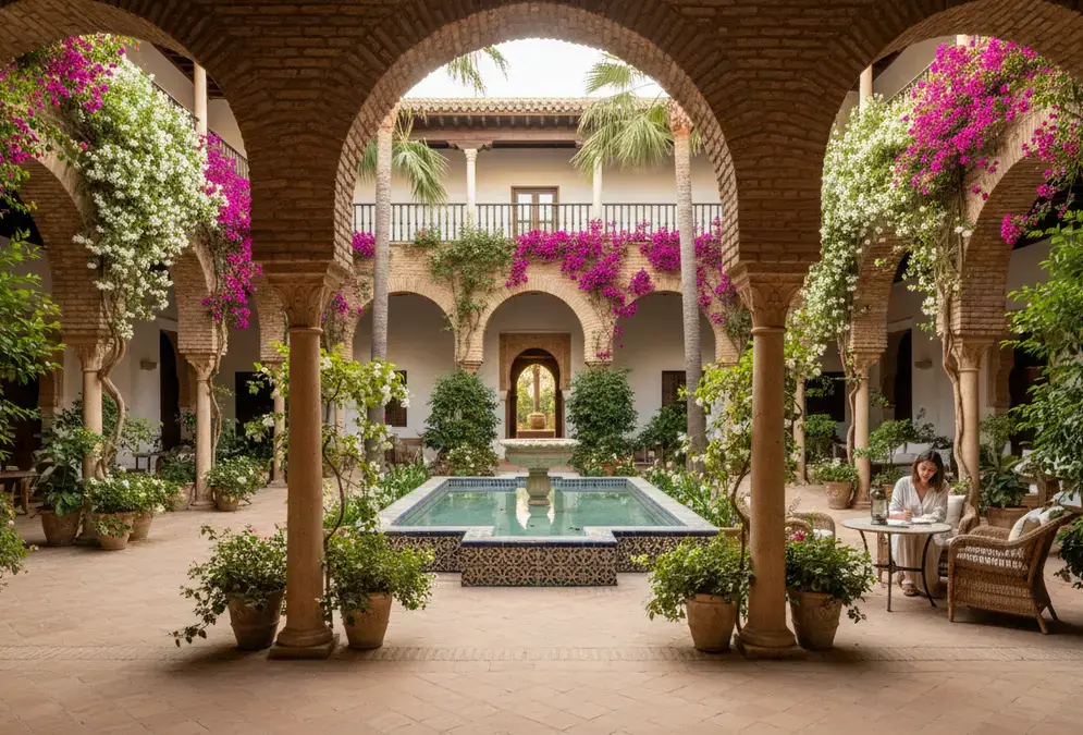 Elegant boutique hotel patio in Córdoba with Moorish arches and lush flowering plants