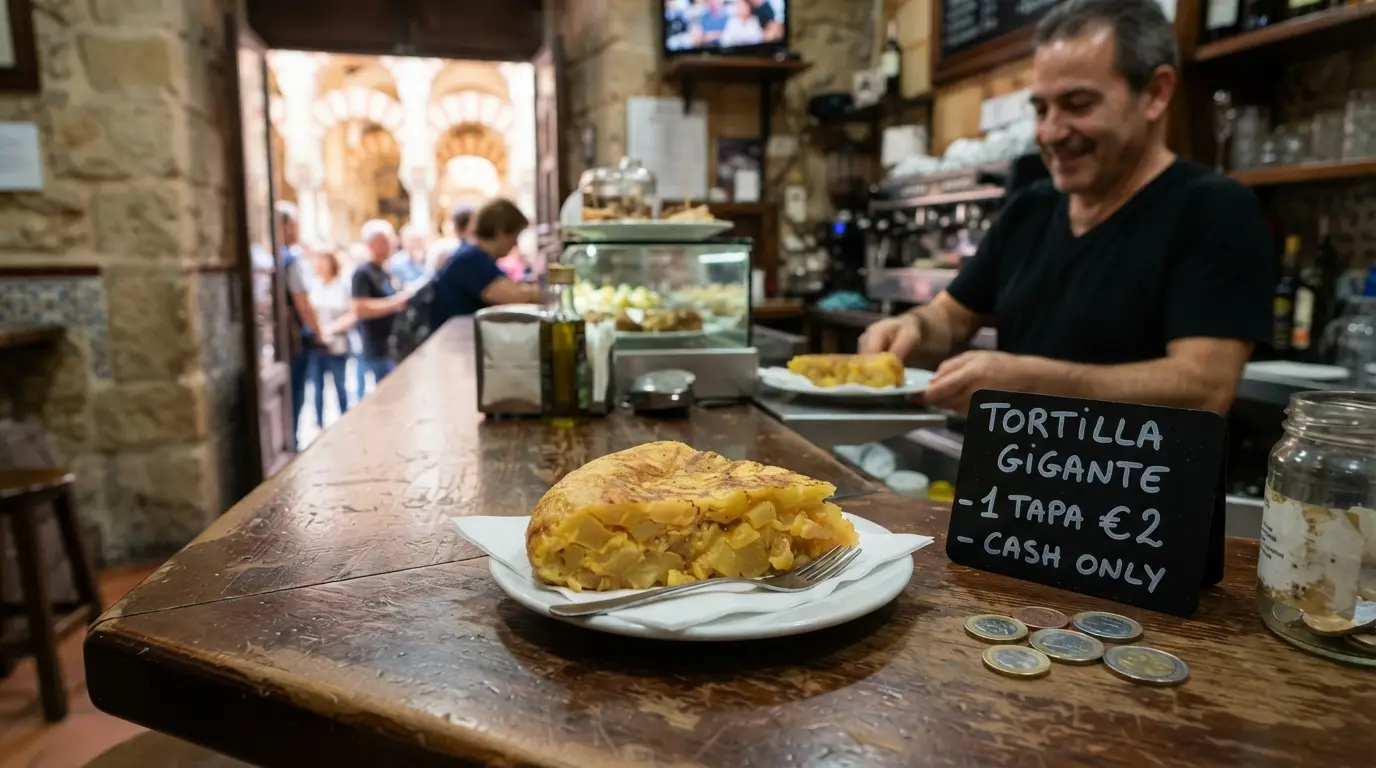 Cheap eats in Córdoba: a slice of giant tortilla at Bar Santos counter, €2 cash only