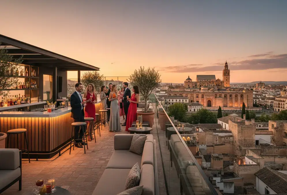 Stylish rooftop cocktail bar in Córdoba at sunset with panoramic views over the historic city