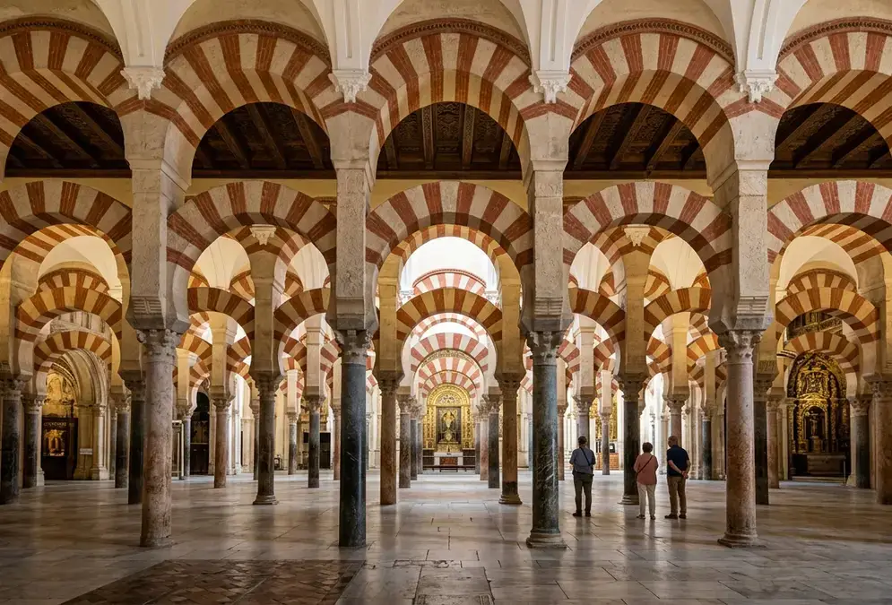 Best Córdoba sites for history lovers — interior of the Mezquita-Catedral with its forest of jasper and marble columns and red-and-white horseshoe arches