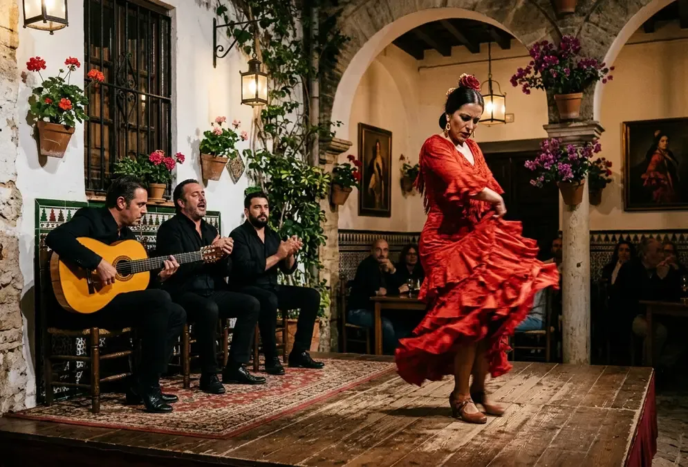 Flamenco dancer performing at a historic tablao in Córdoba, Spain