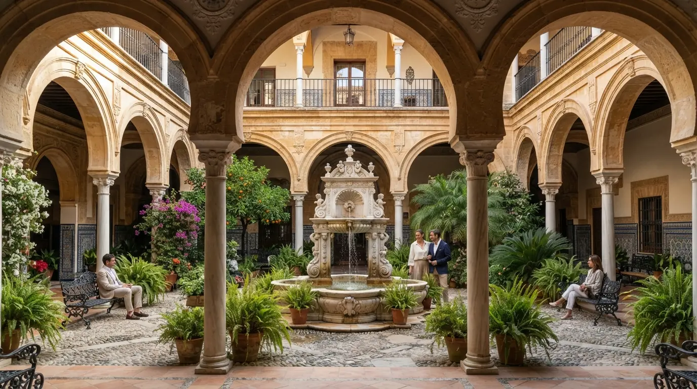Grand patio of a luxury palace hotel in Córdoba with stone arches and ornate fountains