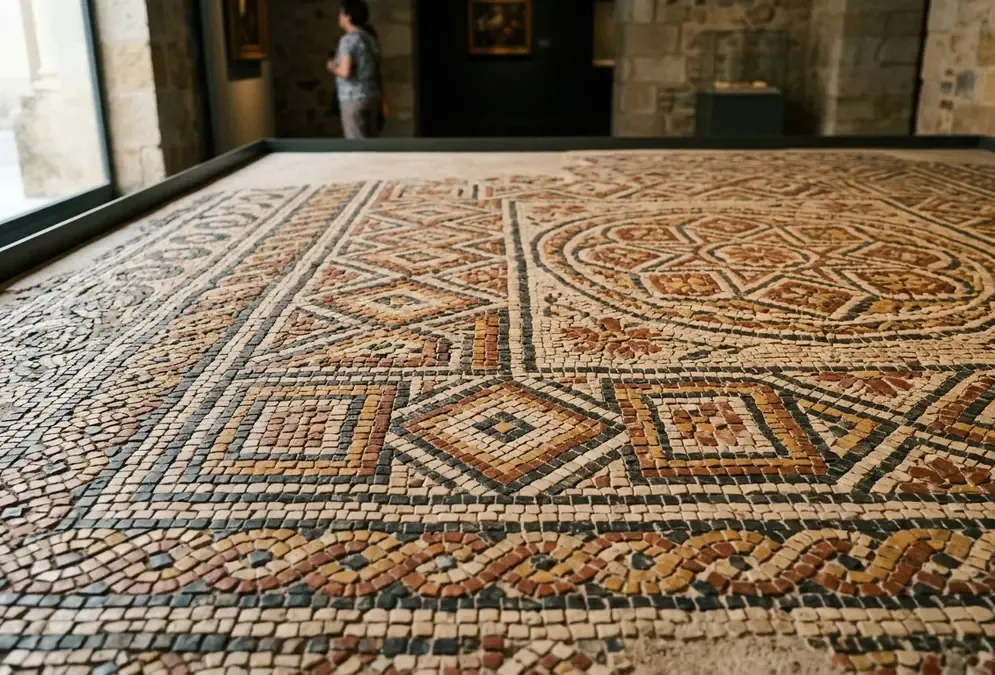 Best museums in Córdoba — Roman mosaic detail at the Museo Arqueológico de Córdoba, with geometric patterns in red and ochre