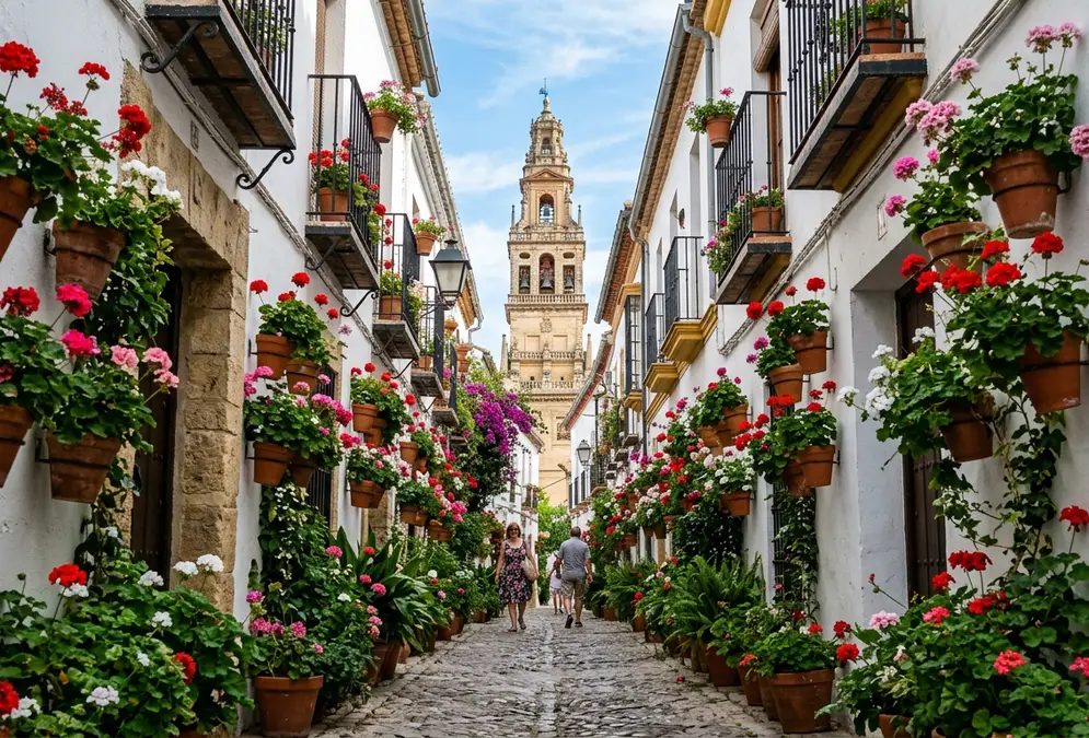 Best neighborhoods in Córdoba — whitewashed lane in the Judería with geranium-filled terracotta pots and the Mezquita bell tower visible at the end of the street