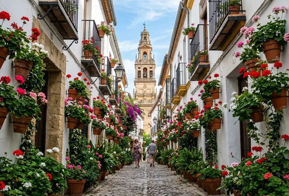 Best neighborhoods in Córdoba — whitewashed lane in the Judería with geranium-filled terracotta pots and the Mezquita bell tower visible at the end of the street