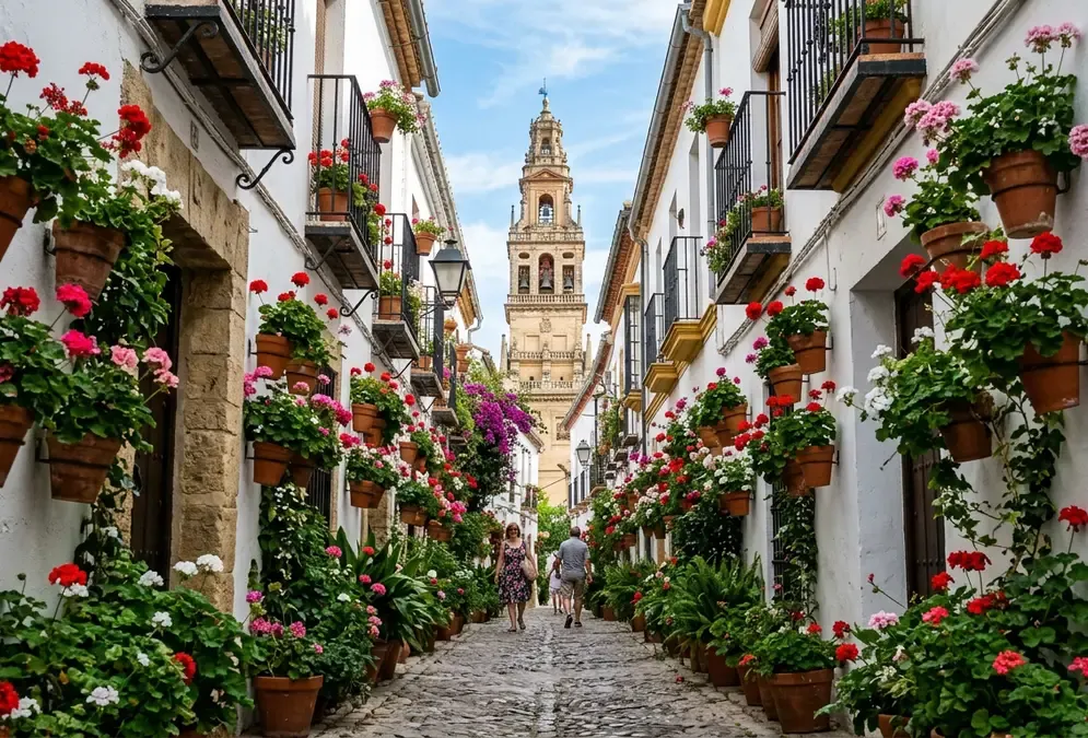 Best neighborhoods in Córdoba — whitewashed lane in the Judería with geranium-filled terracotta pots and the Mezquita bell tower visible at the end of the street