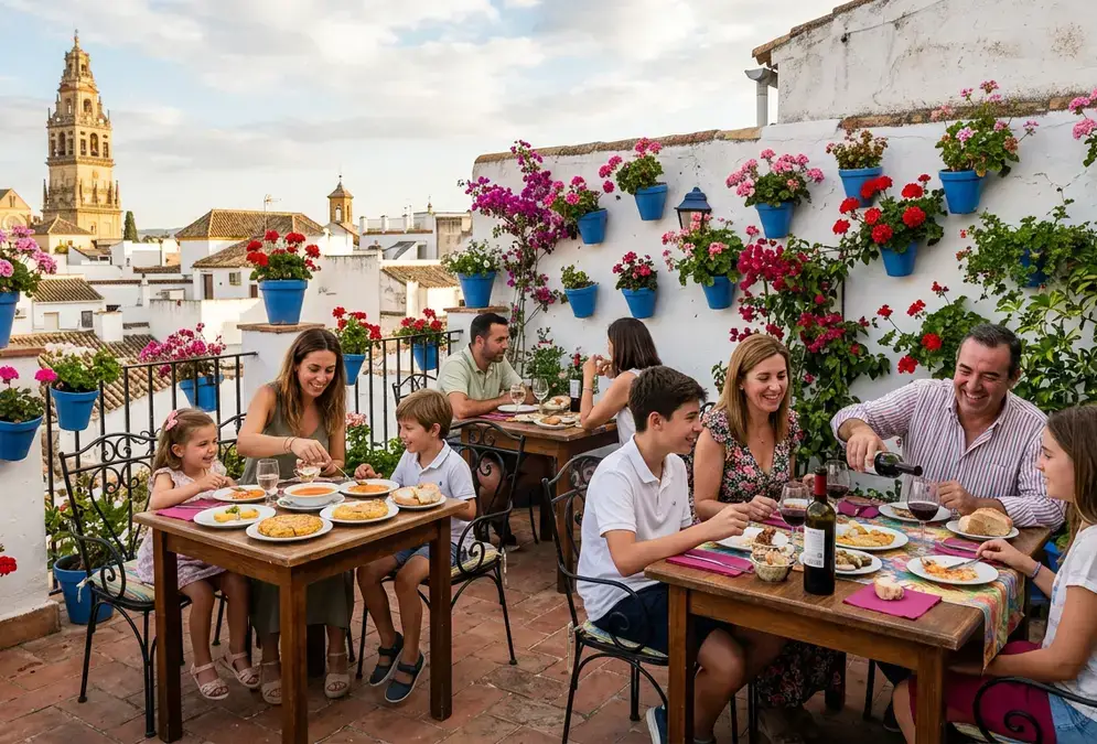 Families dining on a Córdoba terrace with whitewashed walls and potted geraniums in the background