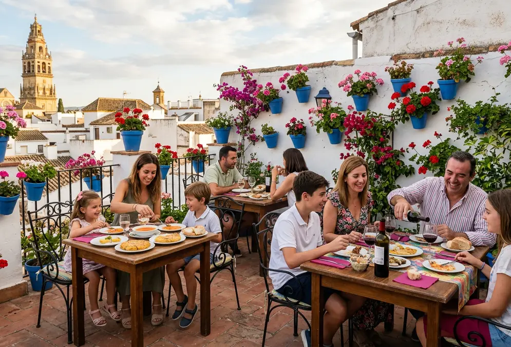 Families dining on a Córdoba terrace with whitewashed walls and potted geraniums in the background