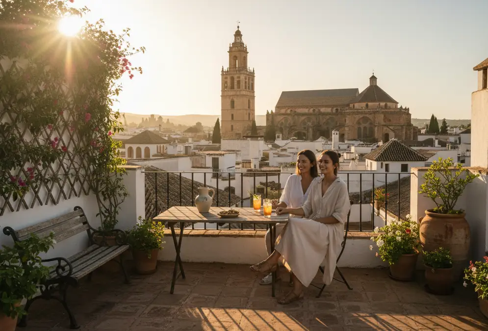 Rooftop terrace in Córdoba with views of the Mezquita-Catedral at sunset