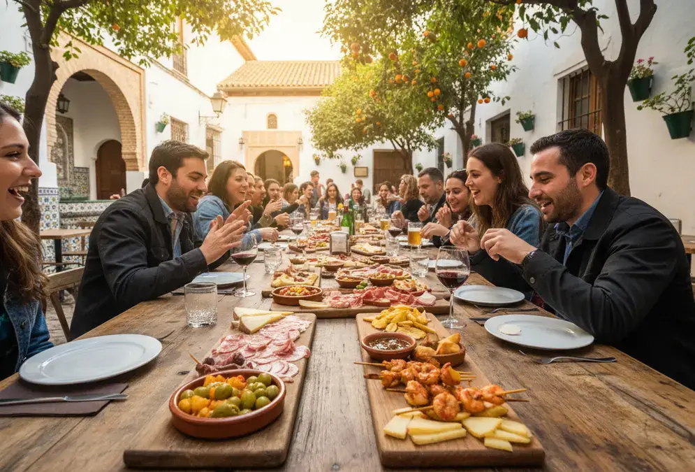 Lively tapas bar in Córdoba's historic Judería with traditional Spanish appetizers on wooden boards
