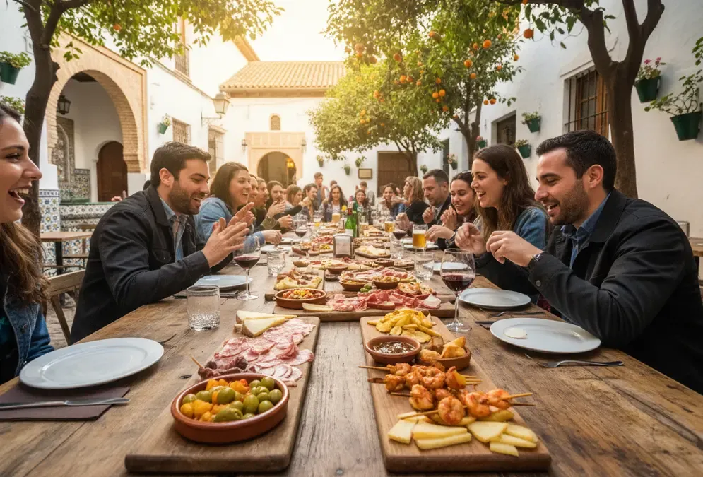 Lively tapas bar in Córdoba's historic Judería with traditional Spanish appetizers on wooden boards