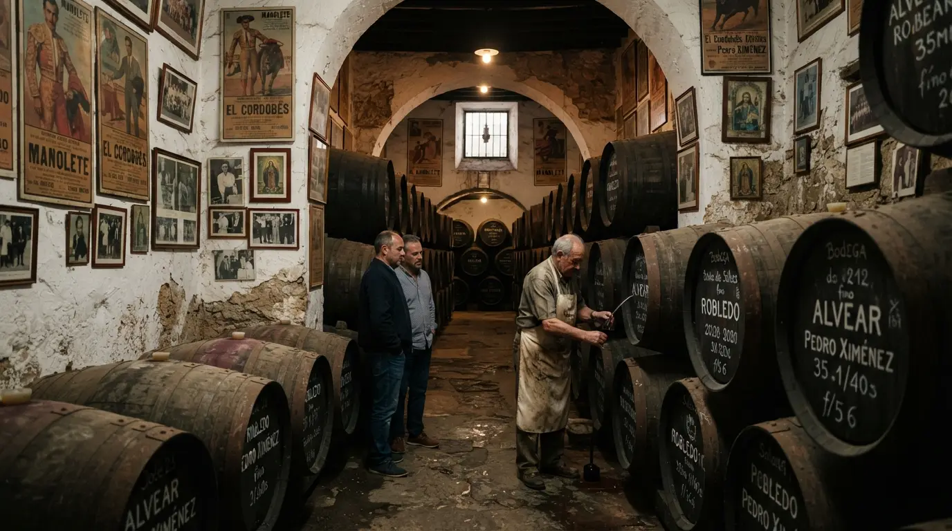 Dark barrel-lined interior of a traditional Córdoba bodega with Montilla-Moriles wine barrels and bullfighting posters on the walls