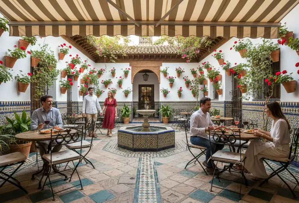 Traditional Andalusian restaurant courtyard in Córdoba with ceramic tiles and terracotta pots