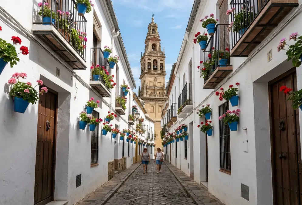 Best walking routes in Córdoba — cobblestone alley in the historic centre with whitewashed walls and the Mezquita bell tower visible at the end of the street