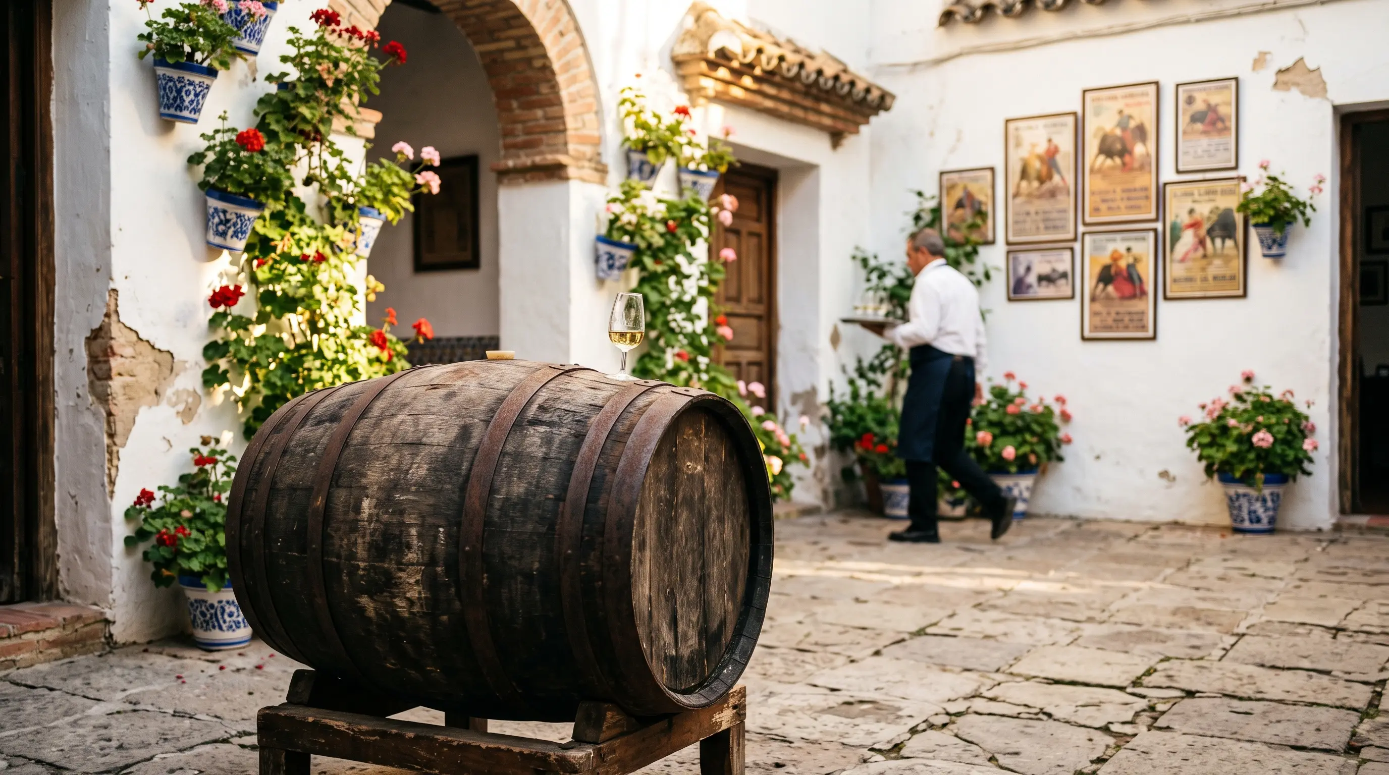 Bodegas Campos Córdoba history: whitewashed patio of an old cellar-house at golden hour, oak barrels and signed botas under a vine-shaded gallery