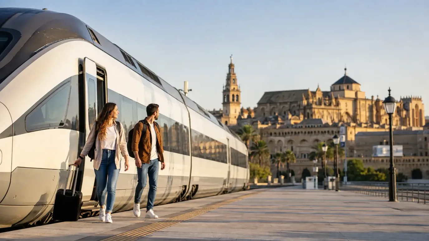 Illustration of budget high speed rail Spain travel, with passengers arriving in Córdoba