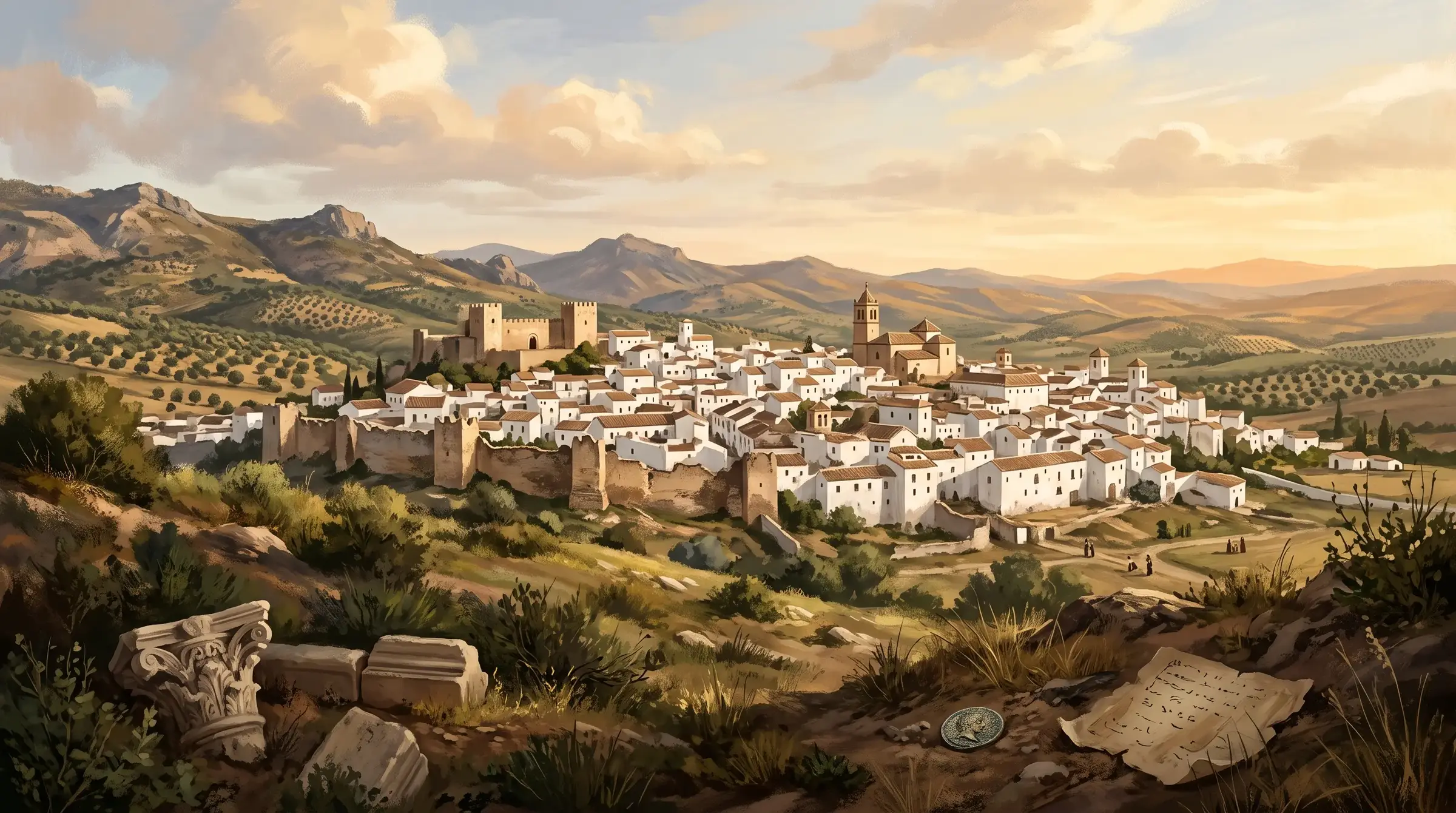 cabra cordoba name origin illustration of a white Andalusian town in hills, with Roman stone fragments, a coin and a parchment bearing abstract marks