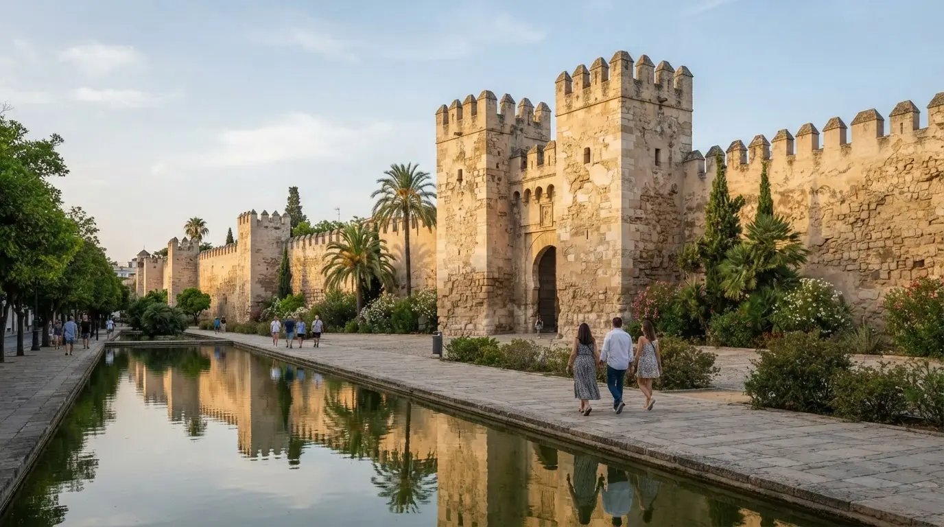Calle Cairuan Córdoba at golden hour: the crenellated Almodóvar Gate and old city wall beside a promenade with ponds and water channels