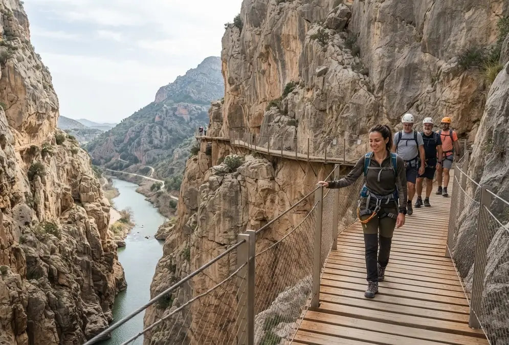 Hikers on the suspended walkway of Caminito del Rey with sheer gorge walls rising 700 metres above the Guadalhorce River