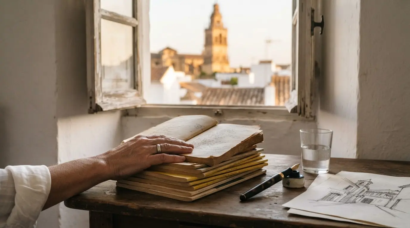 Pablo García Baena Cántico group: poets around a café table in 1940s Córdoba with a freshly printed issue of the magazine, warm lamplight, whitewashed walls and a window onto a narrow street