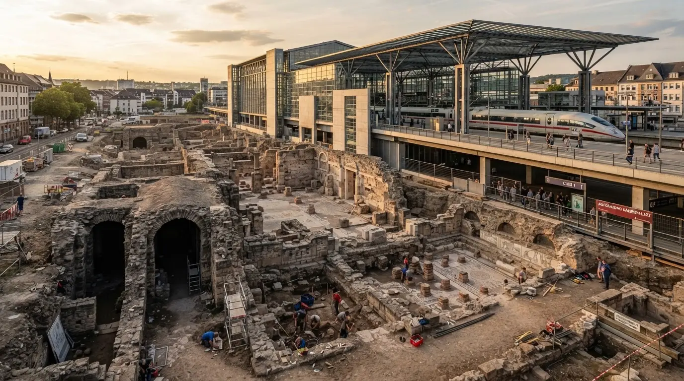 Excavated ruins of the semicircular cryptoporticus at Cercadilla, Córdoba's Roman palace, weathered sandstone vaults and column bases under overcast afternoon light, modern railway tracks visible behind a chain-link fence