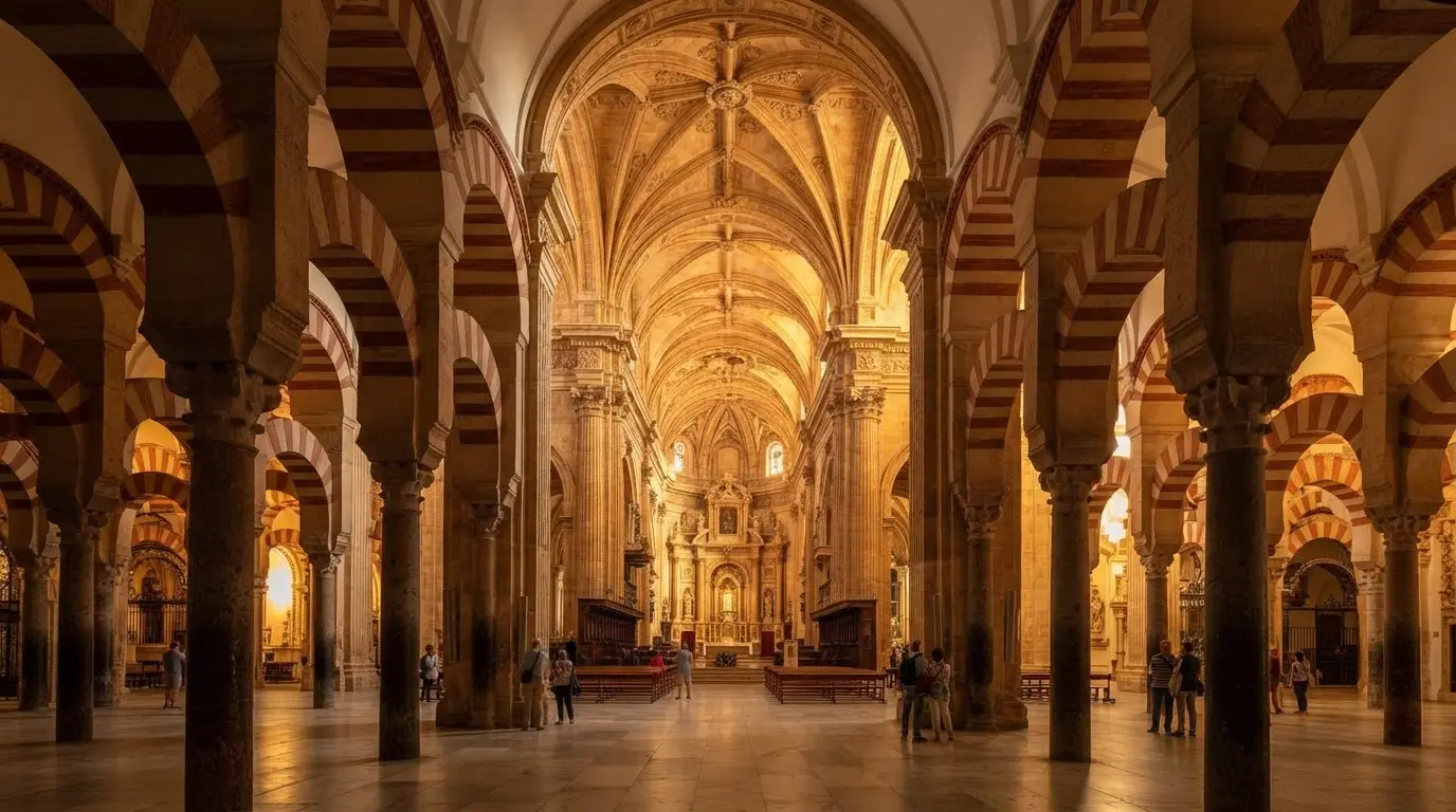 Interior of the Mezquita-Catedral of Córdoba at golden hour, the red-and-white striped horseshoe arches of the Umayyad mosque receding into shadow on either side while the Renaissance cathedral nave of charles v mezquita 1523 rises through the centre in warm stone, columns in foreground
