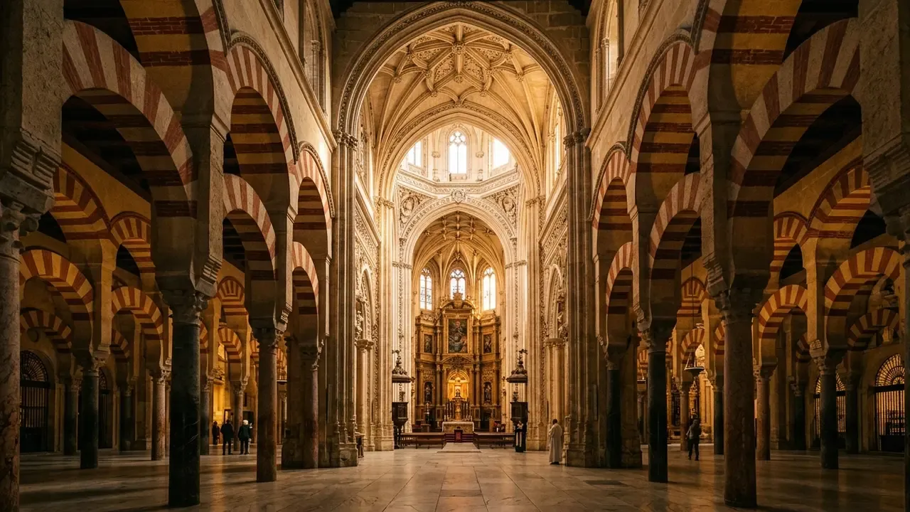 Interior of the Mezquita-Catedral of Córdoba showing the contrast between the Umayyad red-and-white striped arches of the mosque and the Renaissance cathedral nave rising through the centre, natural light falling on stone columns and vaulted ceiling, charles v mezquita 1523