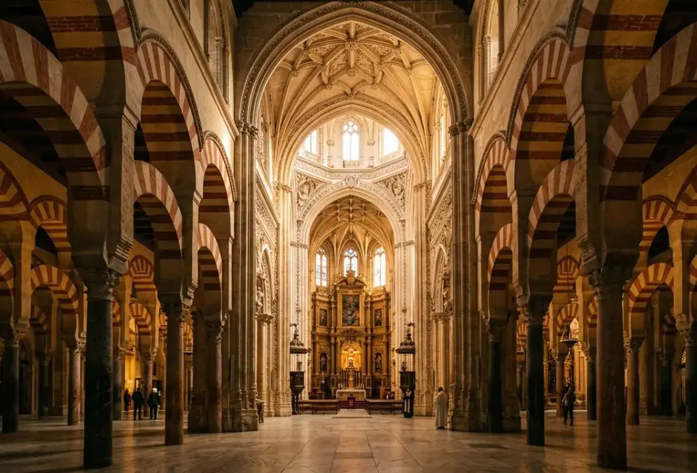 Interior of the Mezquita-Catedral of Córdoba at golden hour, the red-and-white striped horseshoe arches of the Umayyad mosque receding into shadow on either side while the Renaissance cathedral nave of charles v mezquita 1523 rises through the centre in warm stone, columns in foreground