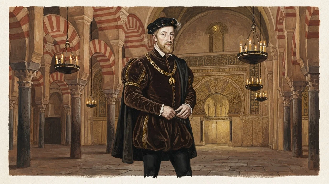 Illustration of Charles V as a middle-aged Habsburg emperor with a pale long face and short reddish-brown beard, in dark velvet, a black feathered cap and the gold chain of the Golden Fleece, standing among the red-and-white arches and hanging candle lamps of the Mezquita