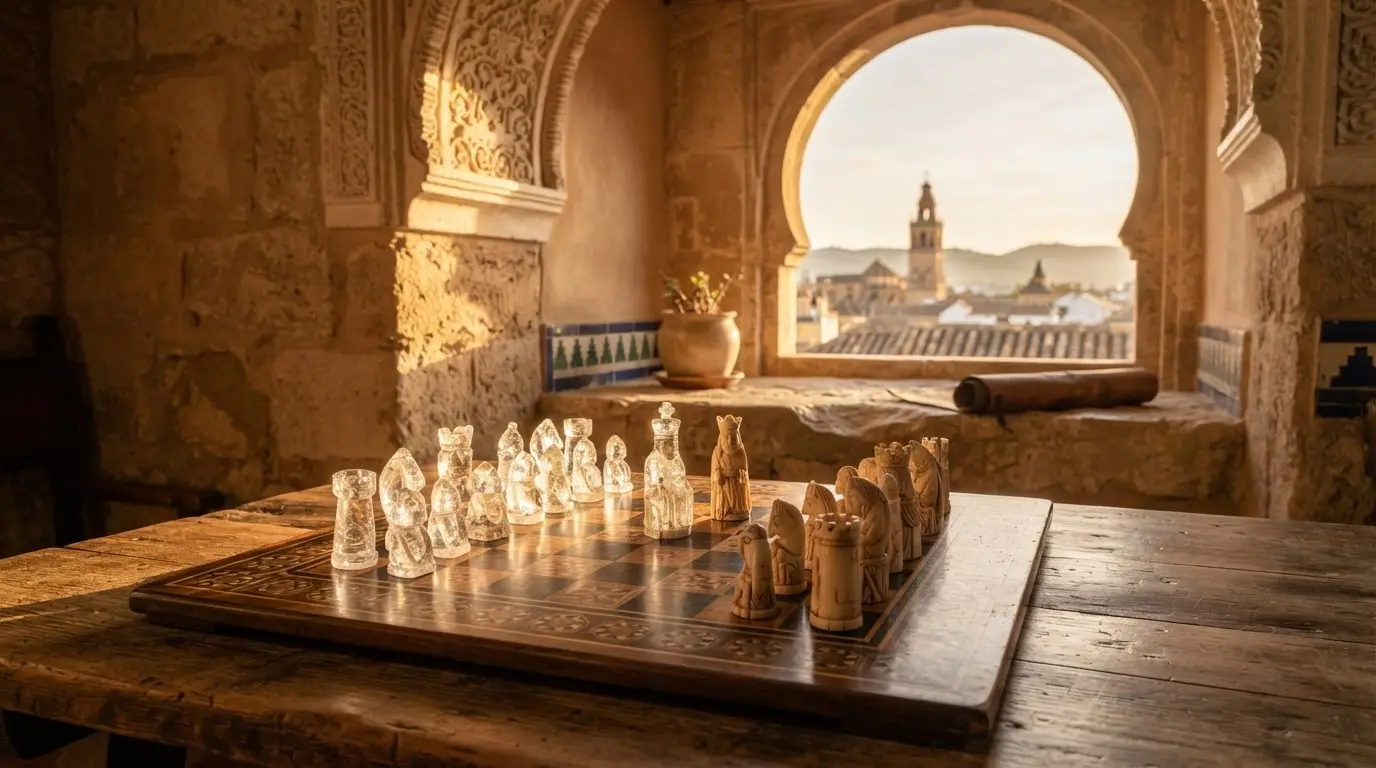 Chess history Córdoba illustration: a medieval crystal chess set on a wooden board beside a stone arched window, warm afternoon light, 11th-century Iberian setting