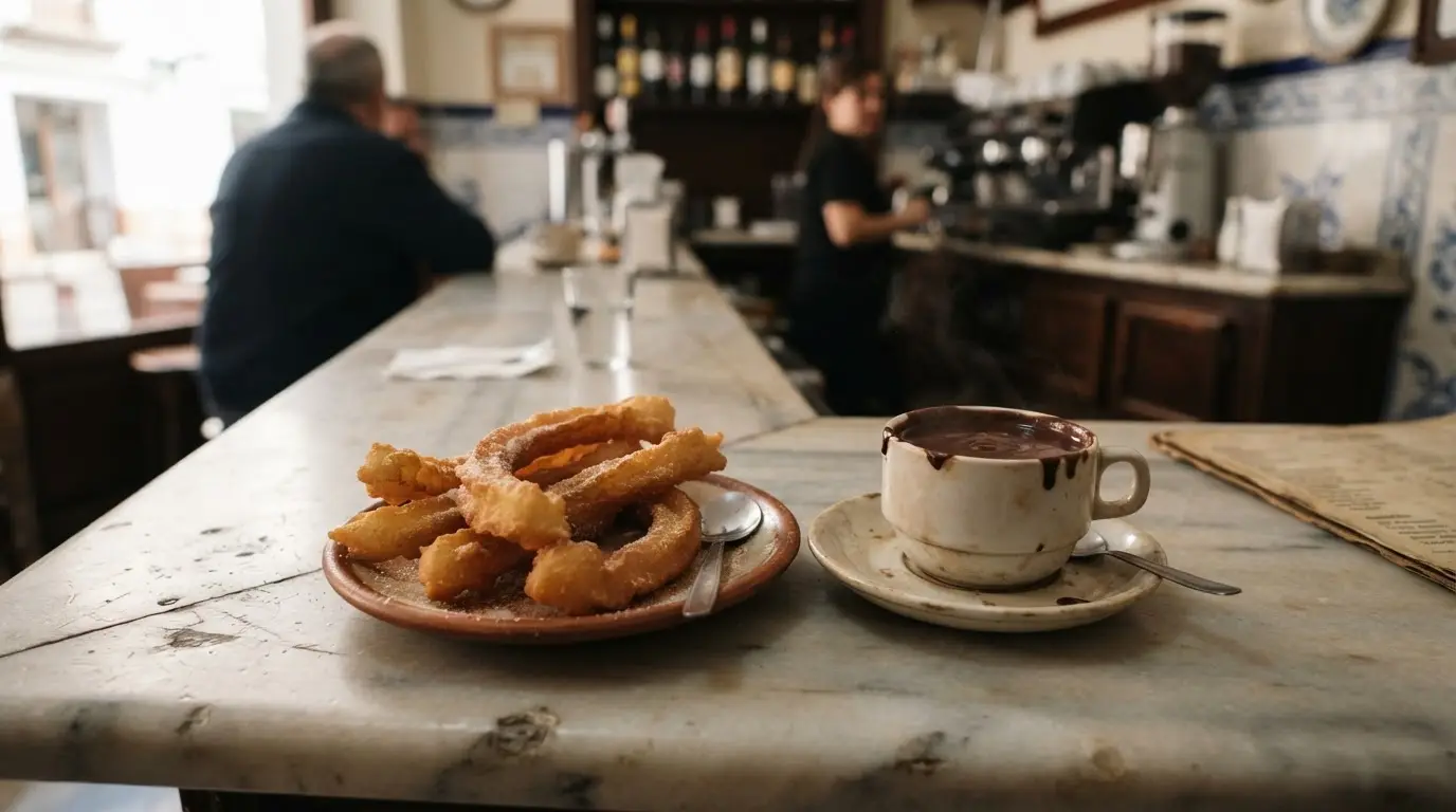 Plate of freshly fried jeringos beside a cup of thick hot chocolate on a marble café counter in Córdoba, morning light