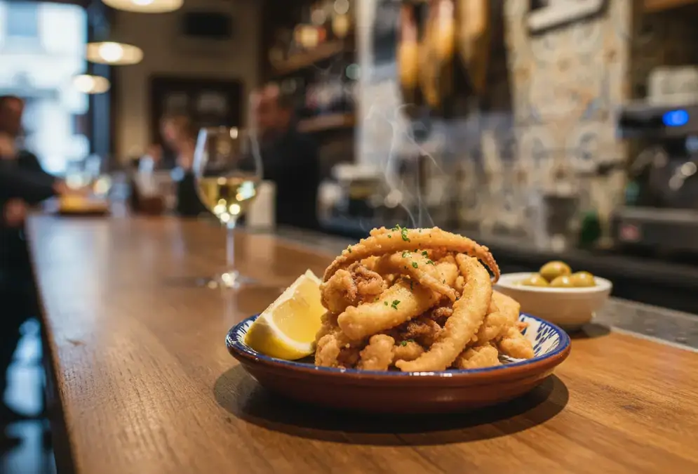 Plate of chocos fritos — golden fried cuttlefish strips with lemon wedges on a bar counter in Córdoba