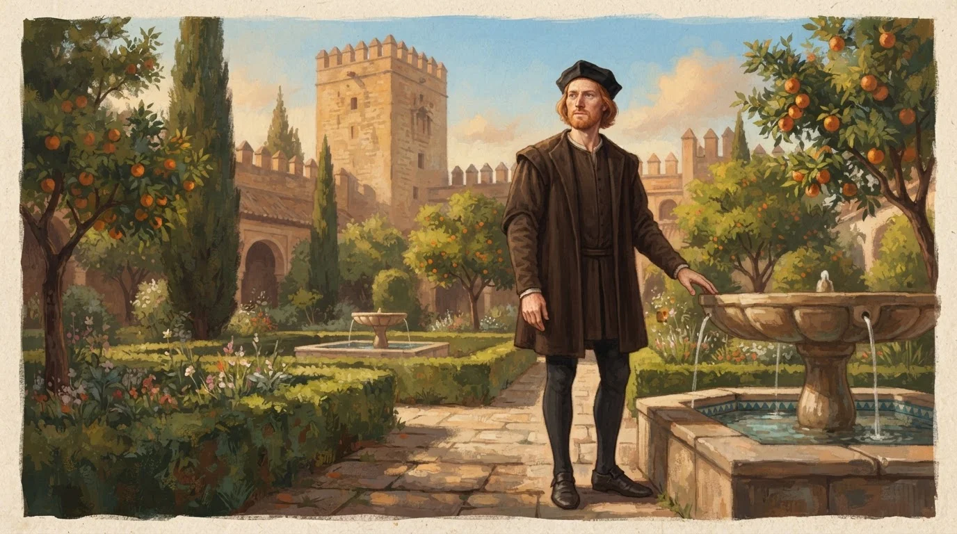 Illustration of Christopher Columbus as a man with reddish-blond hair and beard, in a black cap and a dark brown coat over dark hose, standing on a stone path in a garden of orange and cypress trees with a fountain and a crenellated stone tower behind him