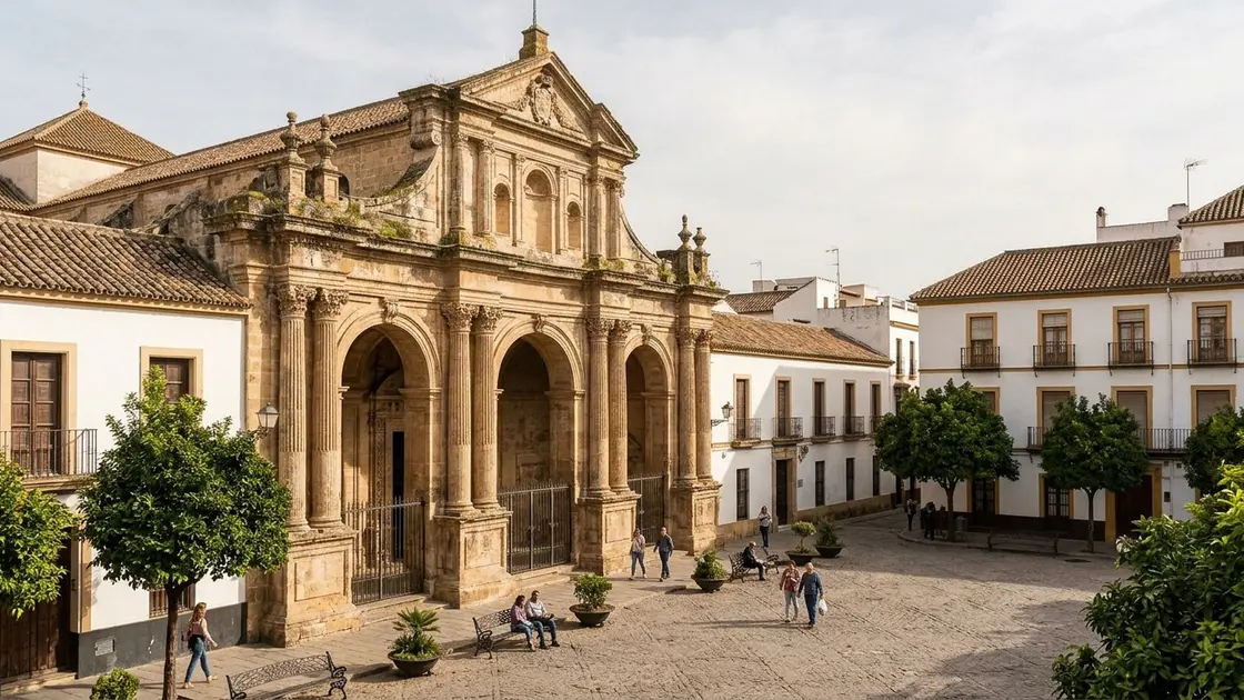 Baroque facade of the Church of San Agustín in Córdoba, with a succession of arches, Corinthian columns and a broken pediment above the Plaza de San Agustín