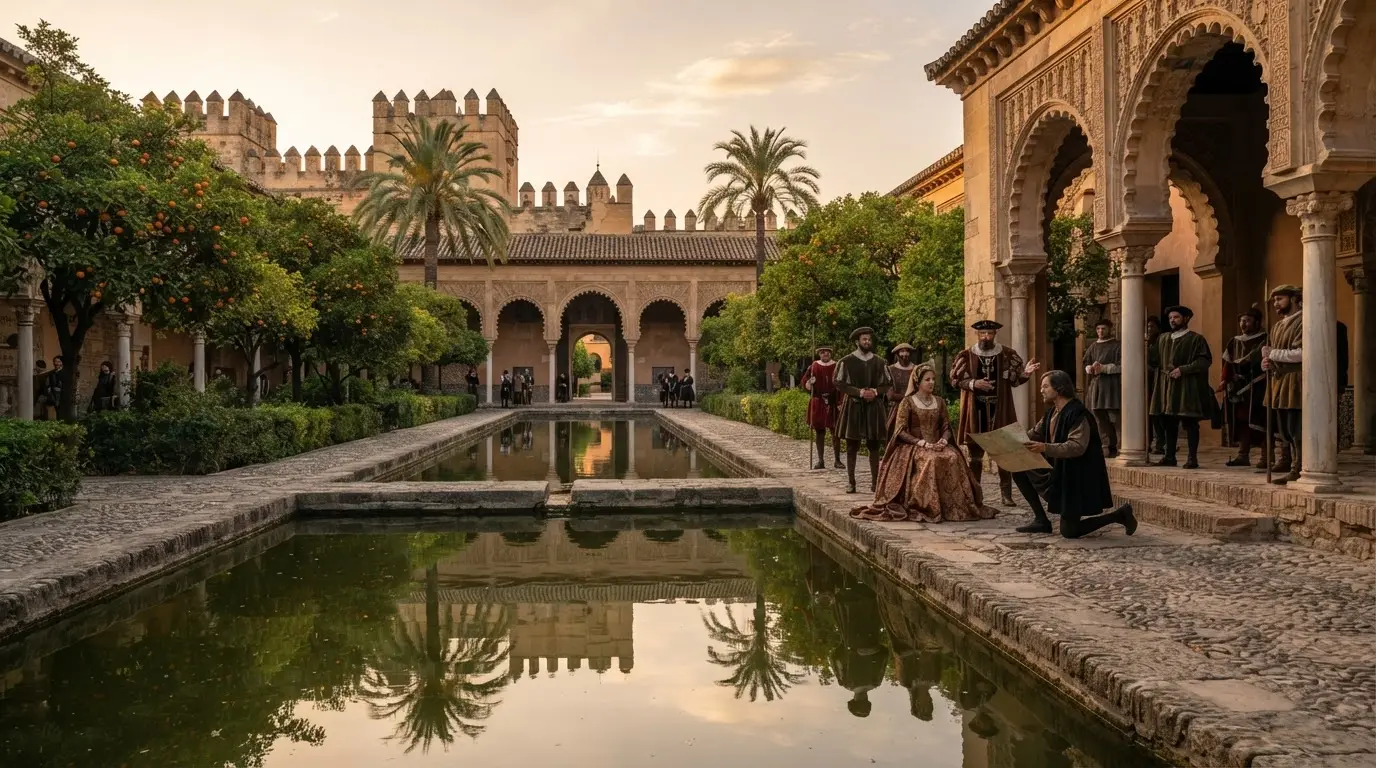 Interior courtyard of the Alcázar de los Reyes Cristianos in Córdoba at golden hour, stone columns and orange trees reflected in still water channels, the site where columbus cordoba petitioned the Catholic Monarchs for funding in 1486