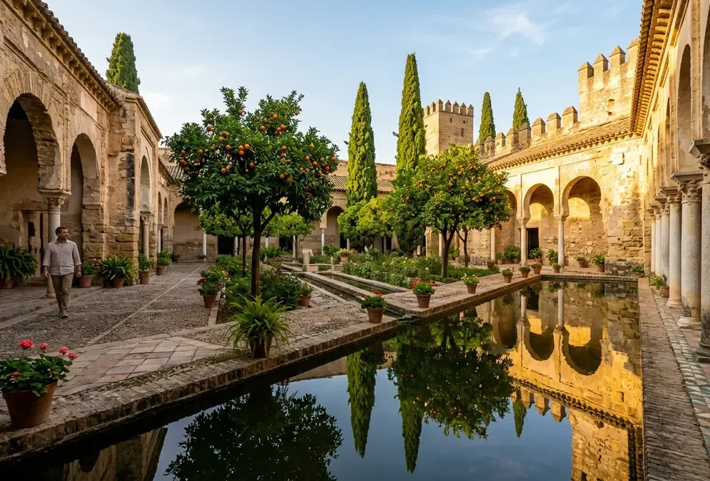 Stone courtyard and gardens of the Alcázar de los Reyes Cristianos in Córdoba where columbus cordoba meetings with the Catholic Monarchs took place, late afternoon light on medieval walls and cypress trees