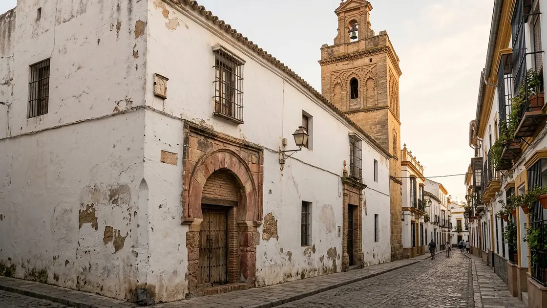 Corner of the former Santa Clara convent in Córdoba on Calle Rey Heredia, with the old mosque minaret rising as a bell tower above whitewashed walls and a worn horseshoe arch at street level