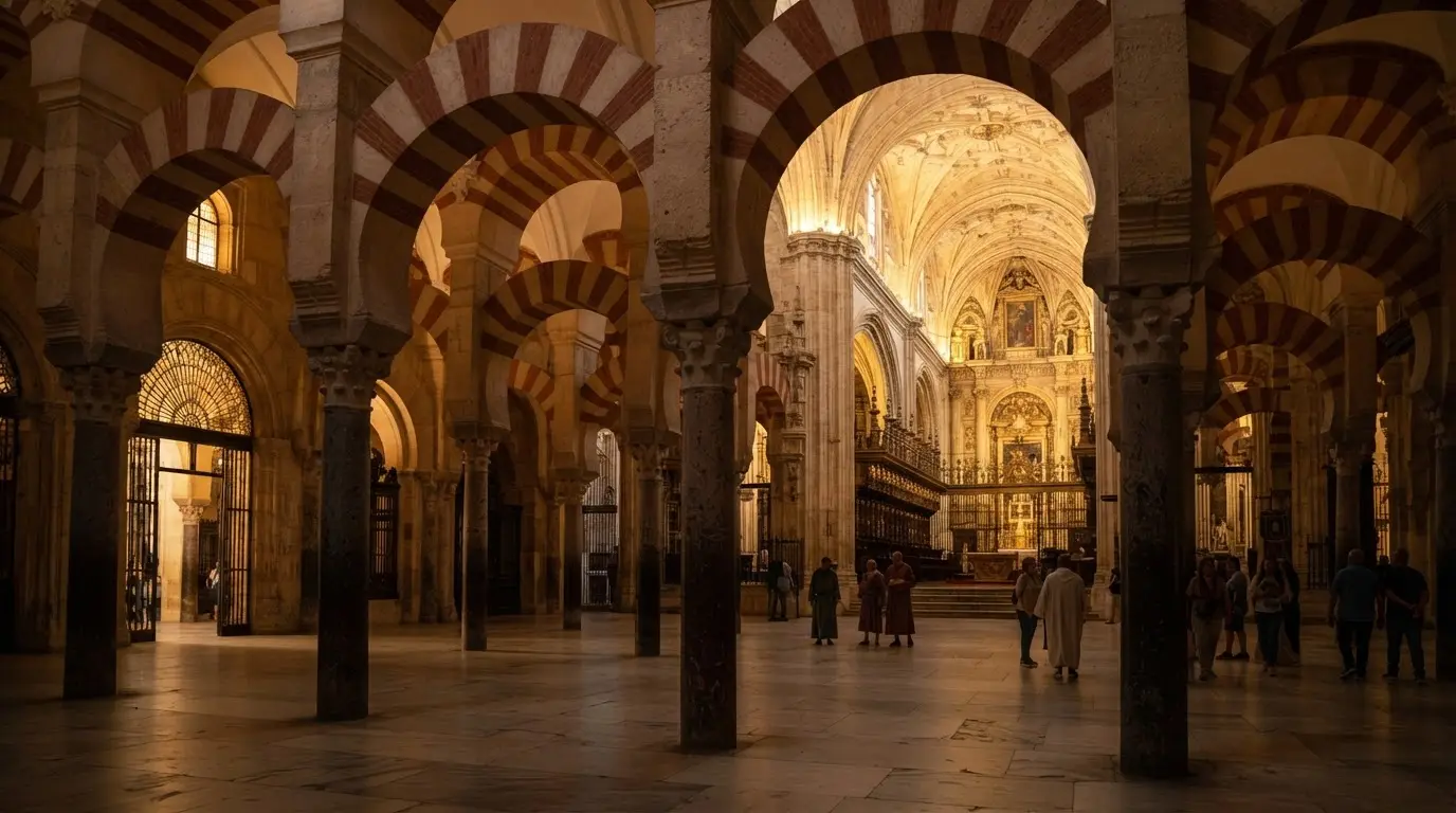 Interior of the Mezquita-Catedral of Córdoba, symbol of convivencia in medieval Córdoba, showing red-and-white striped double arches of jasper and marble receding into shadow, the Renaissance cathedral nave visible in the background, photorealistic golden-hour light