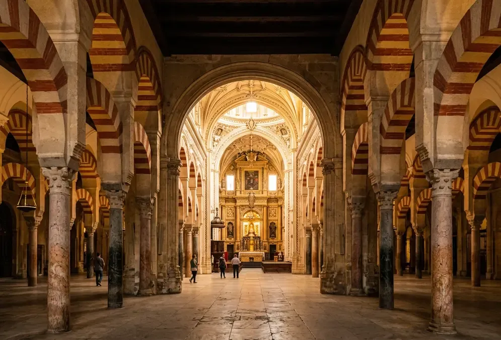 Interior of the Mezquita-Catedral of Córdoba, convivencia's most cited monument, showing red-and-white striped double arches of jasper and marble receding into shadow, the Renaissance cathedral nave visible in the background, photorealistic golden-hour light