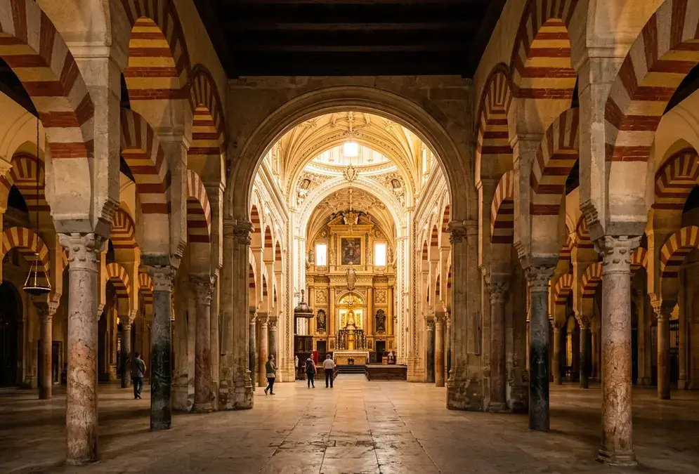Interior of the Mezquita-Catedral of Córdoba, symbol of convivencia in medieval Córdoba, showing red-and-white striped double arches of jasper and marble receding into shadow, the Renaissance cathedral nave visible in the background, photorealistic golden-hour light