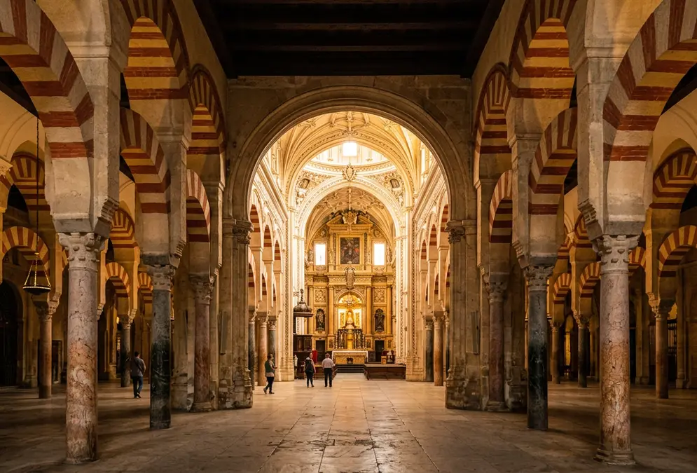 Interior of the Mezquita-Catedral of Córdoba, symbol of convivencia in medieval Córdoba, showing red-and-white striped double arches of jasper and marble receding into shadow, the Renaissance cathedral nave visible in the background, photorealistic golden-hour light