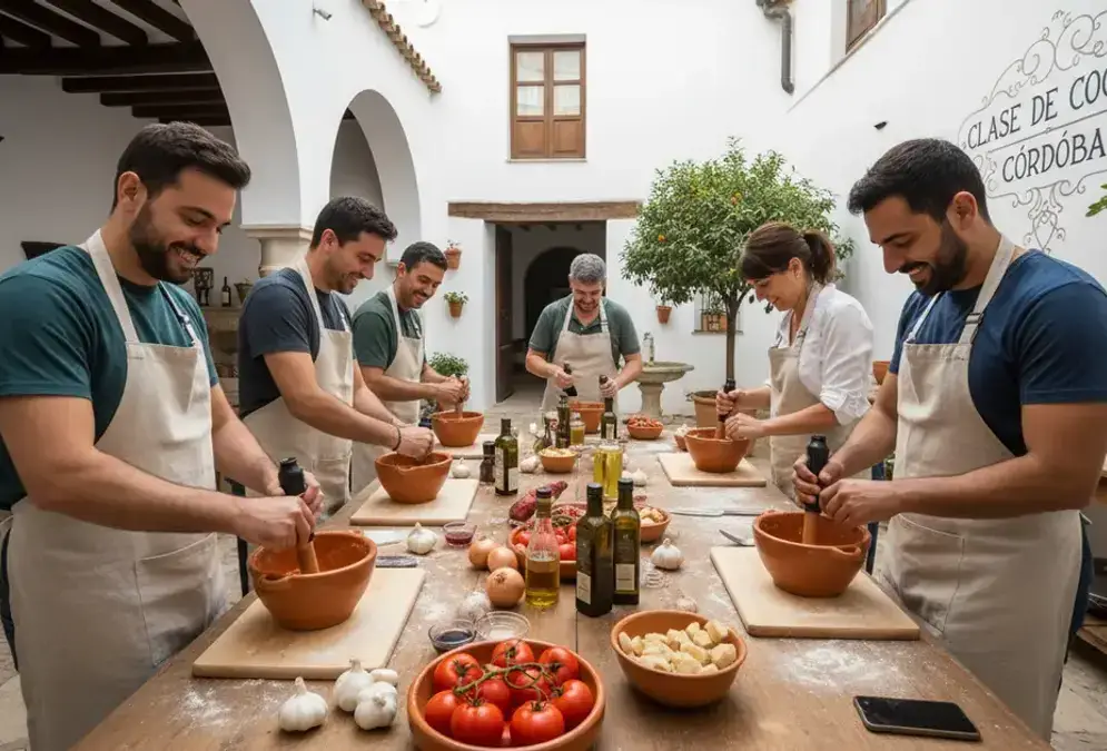 Participants preparing salmorejo in a cooking class in Córdoba, Spain