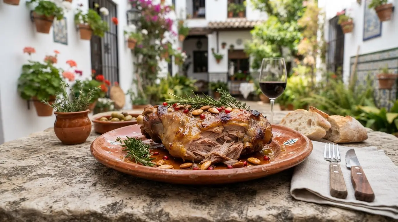 Cordero a la miel Córdoba history: golden honey-glazed slow-roasted lamb shoulder on a terracotta plate, saffron glaze catching the light, rosemary sprigs, stone table surface in an Andalusian setting