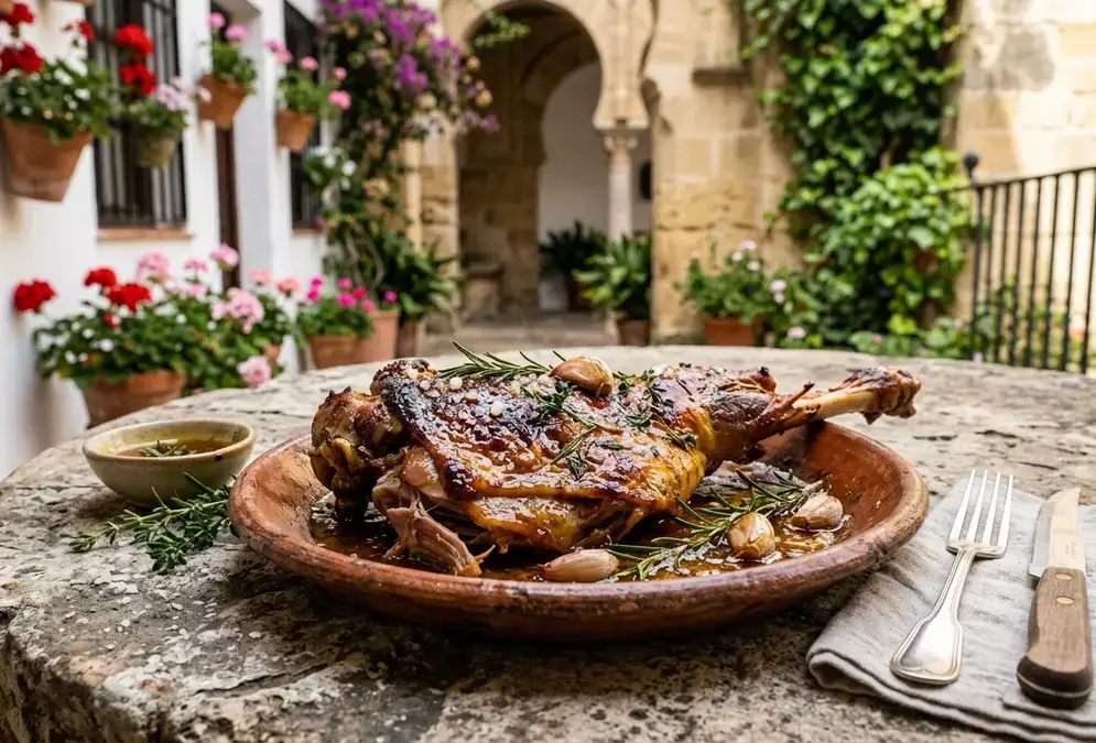 Cordero a la miel Córdoba history: golden honey-glazed slow-roasted lamb shoulder on a terracotta plate, saffron glaze catching the light, rosemary sprigs, stone table surface in an Andalusian setting